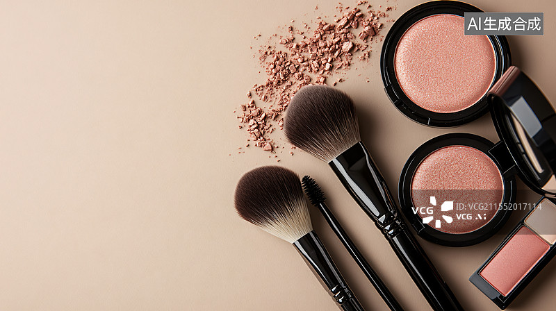 【AI数字艺术】化妆刷、眼影和腮红等化妆工具的特写，背景为简单的纯色，象征美丽、时尚和自我表达的艺术，突出化妆的魅力图片素材