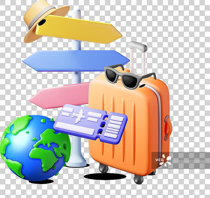 3D航空票、旅行包、地球仪和指针图片素材