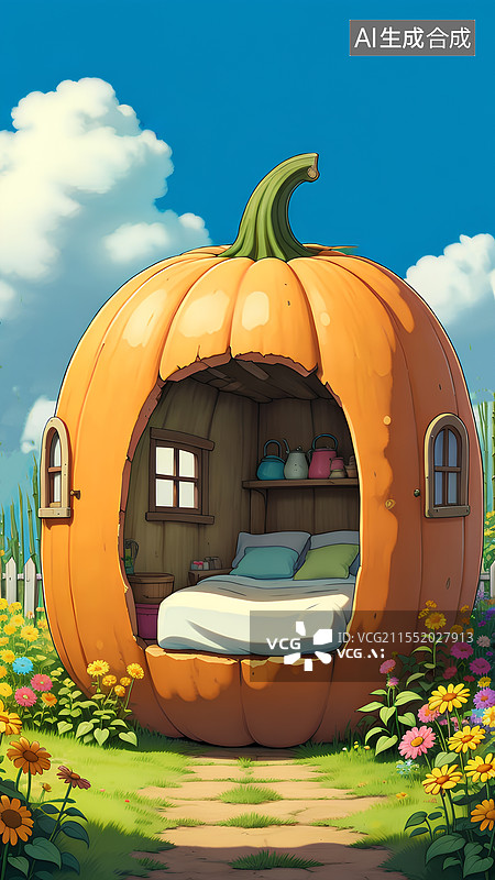 【AI数字艺术】童话世界，想象力，一个巨大的南瓜屋图片素材