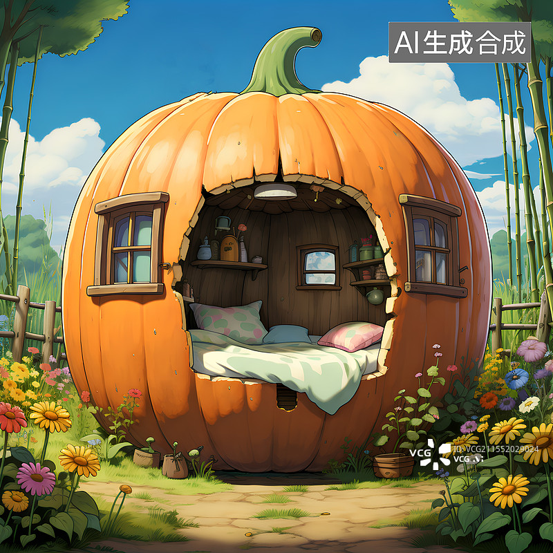 【AI数字艺术】童话世界，想象力，一个巨大的南瓜屋图片素材