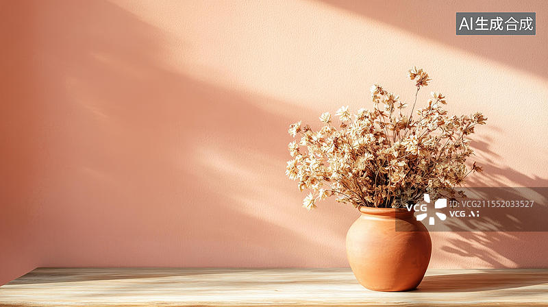 【AI数字艺术】淡粉色背景下的陶土花瓶干花图片素材