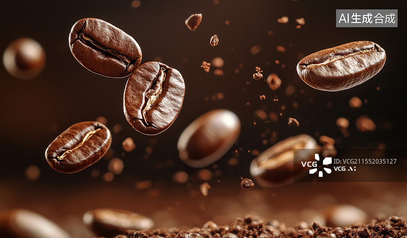 【AI数字艺术】空中悬浮的烘焙咖啡豆图片素材