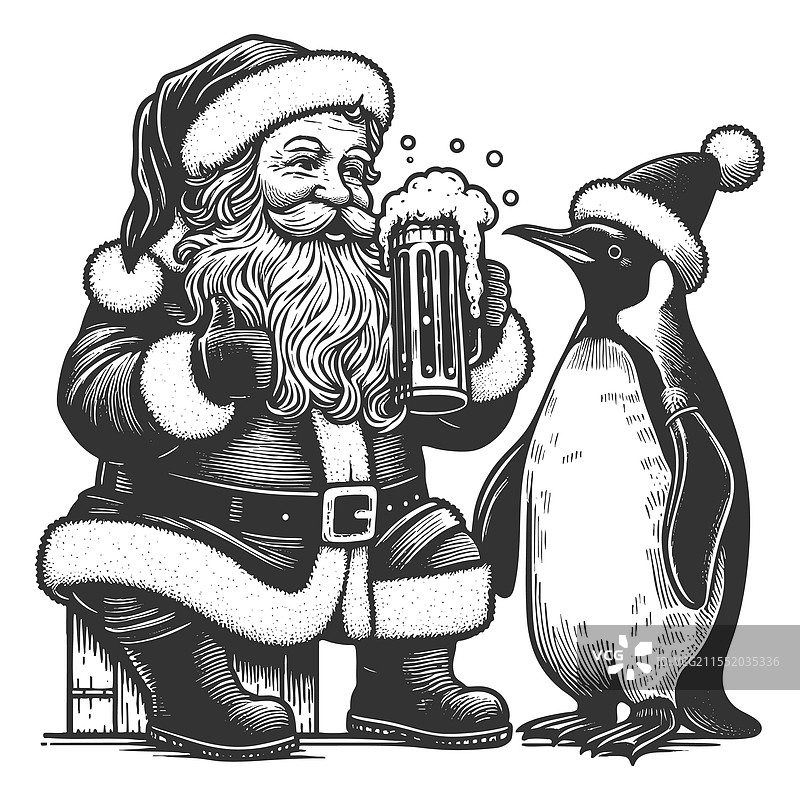 圣诞老人和企鹅喝啤酒的素描图片素材
