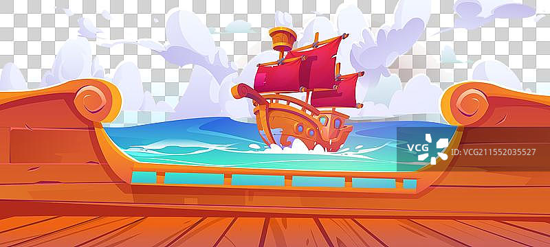 海上船甲板上老式帆船的卡通视角图片素材