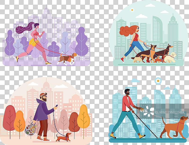 城市男女牵着狗散步图片素材