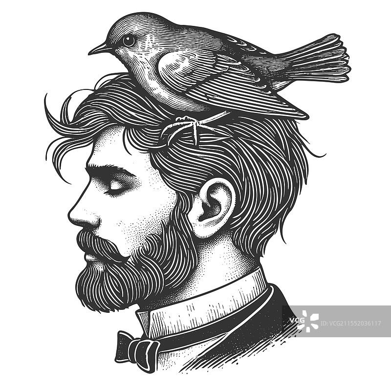 复古风格的男人头上有只鸟图片素材