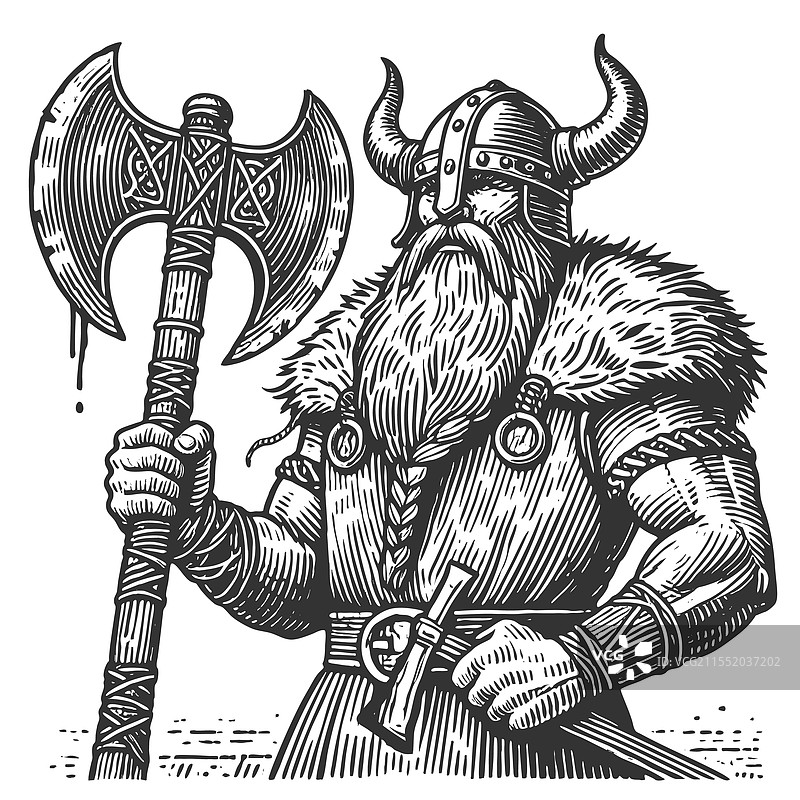 维京战士与战斧雕刻图片素材
