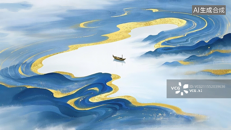 【AI数字艺术】蓝金色禅意东方美学图片素材