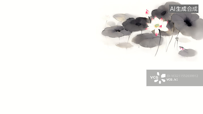 【AI数字艺术】水墨画背景右上，墨色的荷叶 白色的荷花 桃红色粉红色的花尖图片素材