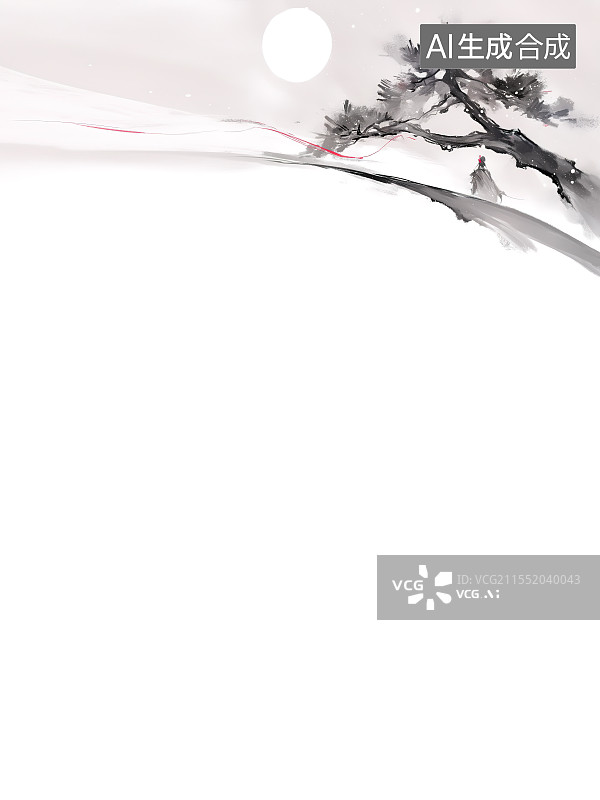 【AI数字艺术】水墨画背景右上，松树下站着一个穿披风的人 刮大风 红丝带飘扬 天空中明亮的太阳图片素材