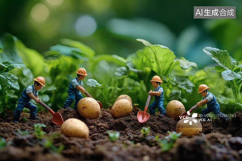 【AI数字艺术】移轴镜头下菜地里挖土豆的小人图片素材