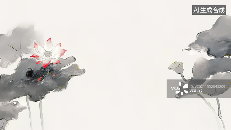 【AI数字艺术】水墨画背景两侧，出水芙蓉 墨色的荷叶 白色的荷花 桃红色粉红色的花尖图片素材
