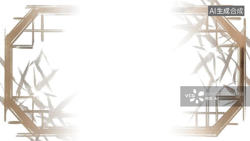 【AI数字艺术】水墨画背景两侧，金色质感简约中式风格窗户边框 八边形几何图案镂空轩窗 竹子叶子的影子图片素材
