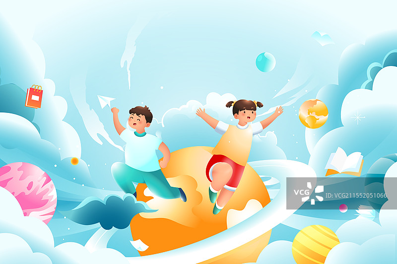 卡通教育学生学习六一儿童节少儿幼儿园绘本网课兴趣爱好课堂宇宙星球科技概念月球日天文航天渐变矢量插画图片素材