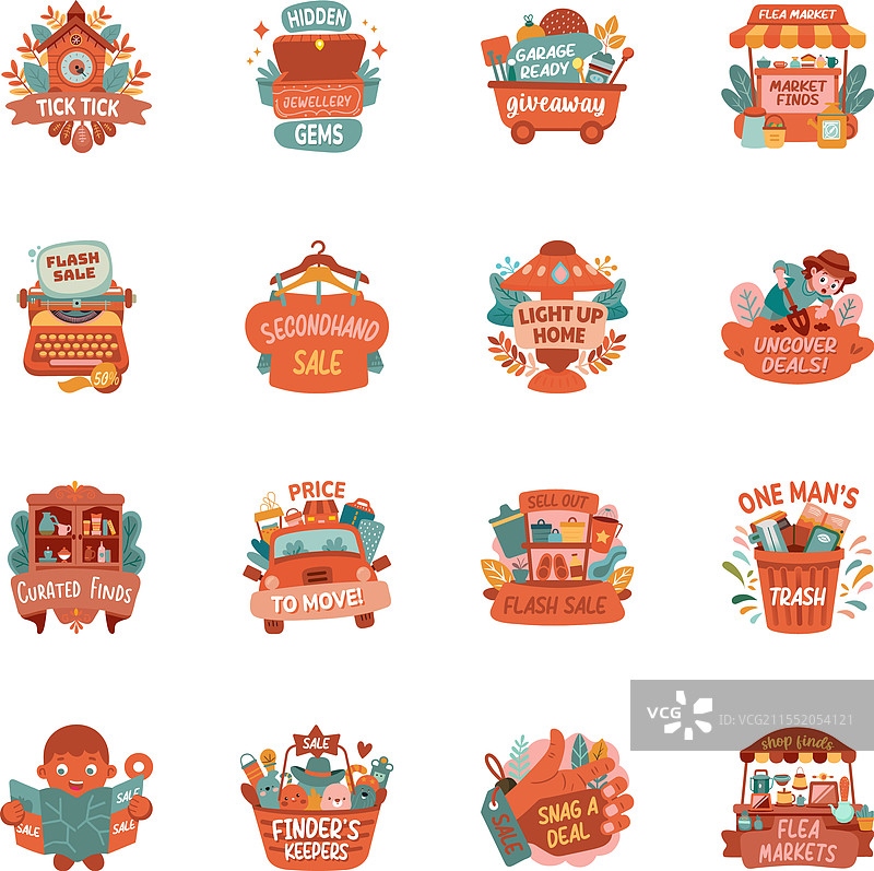 一组平面风格的复古促销贴纸图片素材
