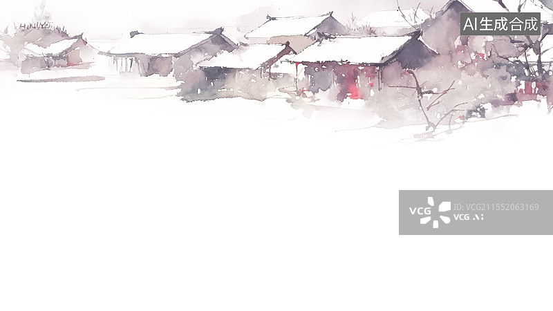 【AI数字艺术】水墨画背景居上，冬天下大雪的天气 一排平房屋群 房顶地面树枝上厚厚的积雪图片素材