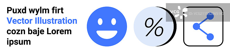 蓝色快乐脸庞、百分比符号和分享图标图片素材