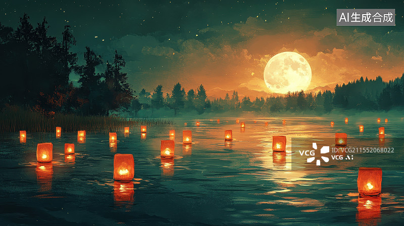 【AI数字艺术】中元节祈福放河灯浮灯图片素材
