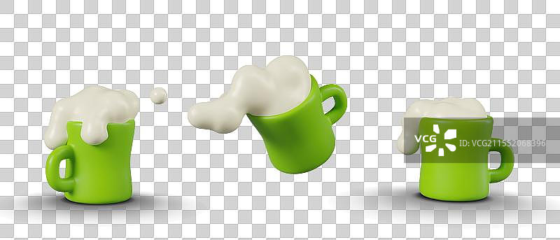 绿色杯子里装着泡沫饮料，啤酒、苹果酒和麦芽酒。图片素材