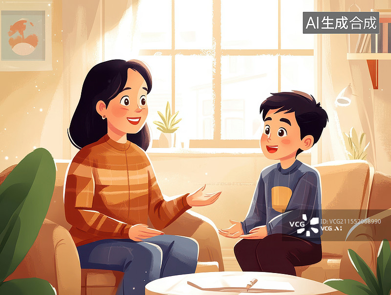 【AI数字艺术】母亲在客厅和中学男孩在对话交谈插画图片素材