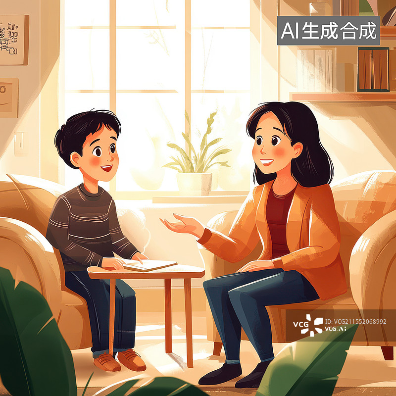 【AI数字艺术】母亲在客厅和中学男孩在对话交谈插画图片素材