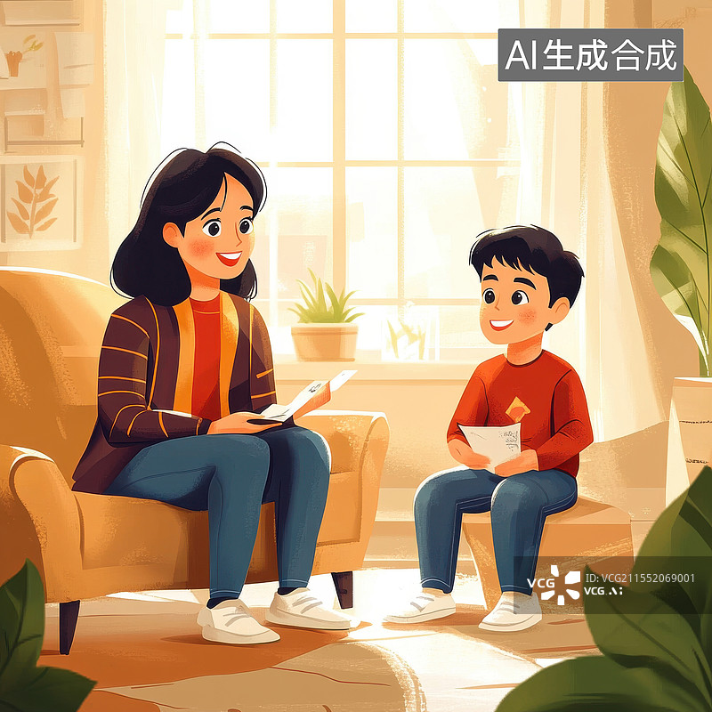 【AI数字艺术】母亲在客厅和中学男孩在对话交谈插画图片素材
