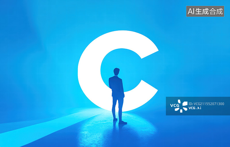 【AI数字艺术】一幅抽象的艺术作品。画面中，一个身穿西装的人站在一个巨大的字母“C”前，背景是深蓝色的色调，图片素材