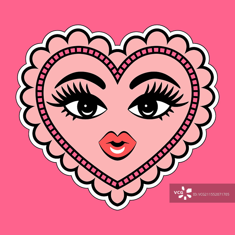 可爱的粉色心形图案，带有女性面孔和红色嘴唇图片素材