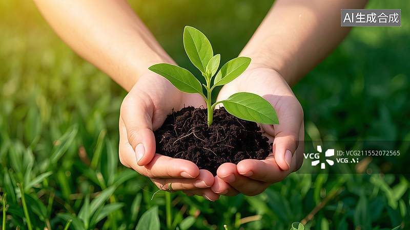 【AI数字艺术】一双捧握幼苗的双手图片素材