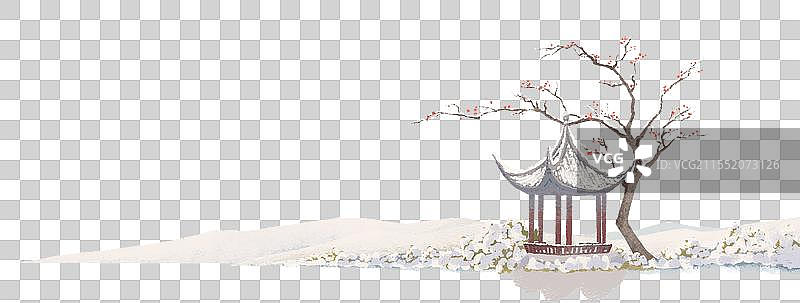 亭子和梅花树在下雪天倒映在湖面图片素材