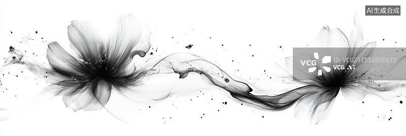 【AI数字艺术】水墨画风格花卉图案，黑白艺术设计，传统与现代融合图片素材