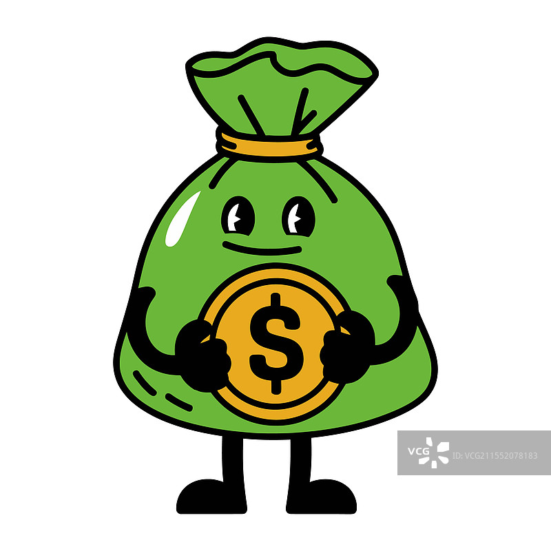 卡通钱袋角色手持一枚美元硬币图片素材
