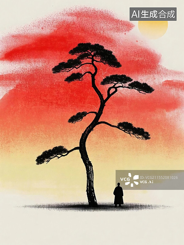 【AI数字艺术】夕阳下一人独立于苍松旁，天际染就绚烂红晖图片素材