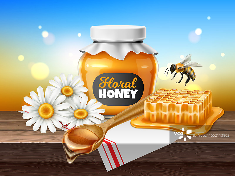 蜂蜜成分 玻璃罐 木勺图片素材