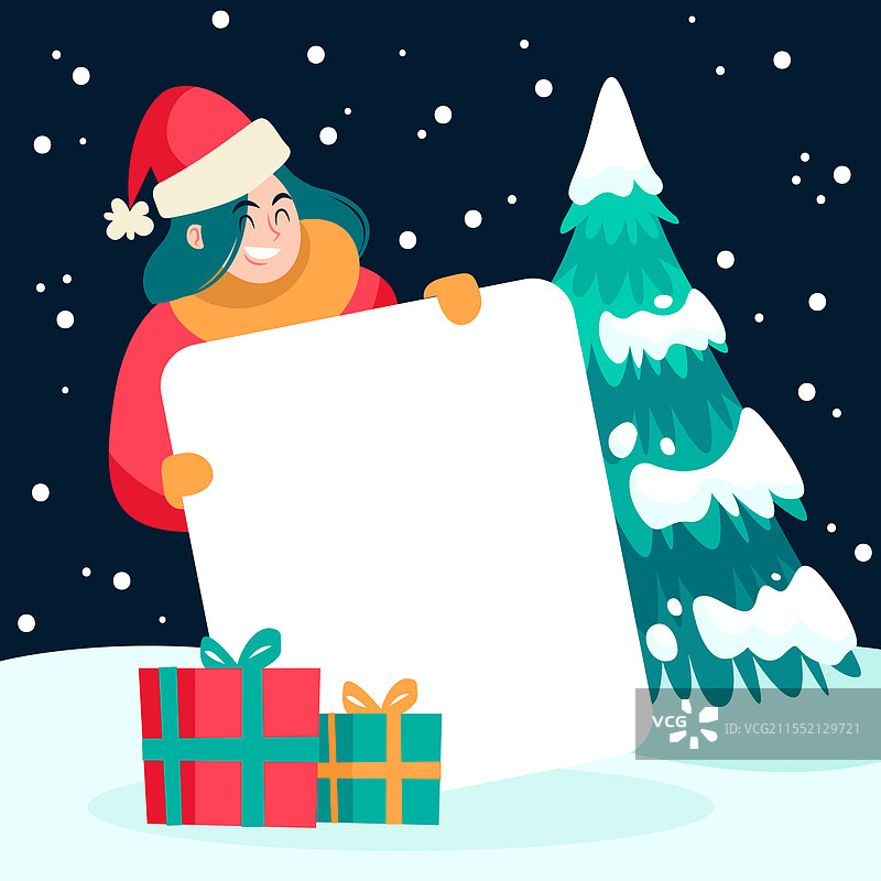 手绘平面圣诞角色手持空白牌子图片素材