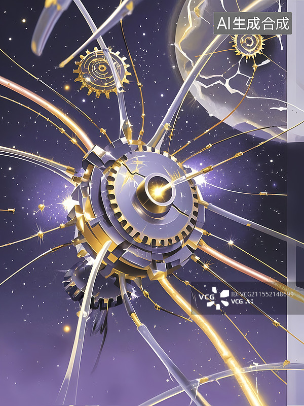 【AI数字艺术】震颤星图扁平医学插画，齿轮电弧交织深空紫冷银，神经元突触修复信号通路图片素材