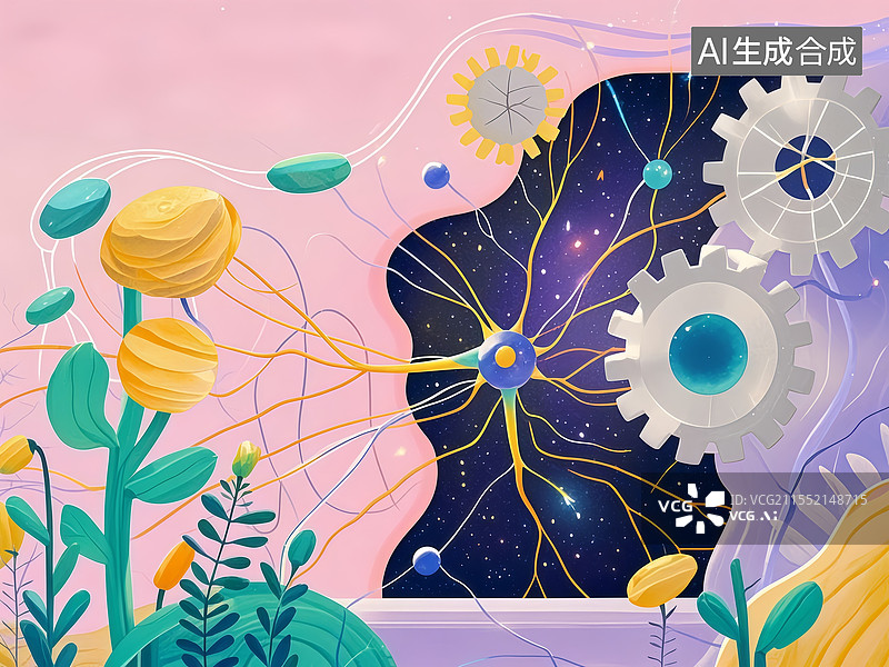 【AI数字艺术】震颤星图扁平医学插画，齿轮电弧交织深空紫冷银，神经元突触修复信号通路图片素材