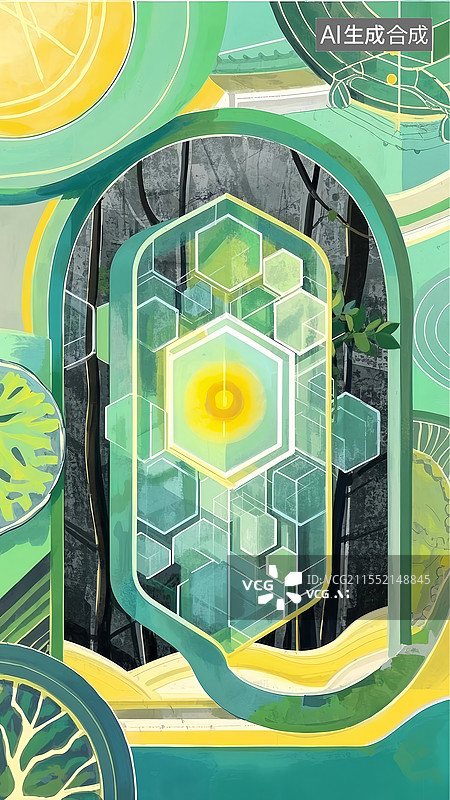 【AI数字艺术】光之壁垒扁平医疗插画，青绿暖黄蜂窝屏障抵御雾海，光核脉冲强化免疫防护图片素材