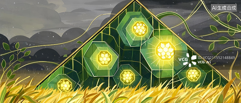 【AI数字艺术】光之壁垒扁平医疗插画，青绿暖黄蜂窝屏障抵御雾海，光核脉冲强化免疫防护图片素材