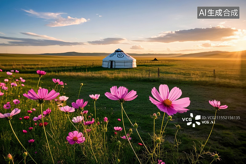 【AI数字艺术】花海中的蒙古包图片素材