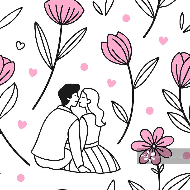 浪漫情侣在花卉图案中亲吻图片素材