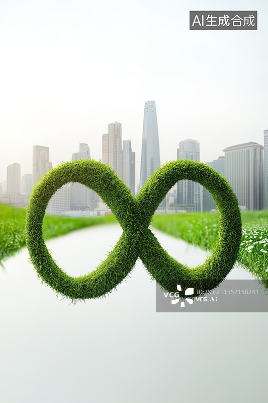 【AI数字艺术】城市天际线背景上的绿草编成的巨大无限符号图片素材