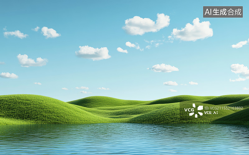【AI数字艺术】三维水面和绿色草坪山丘图片素材