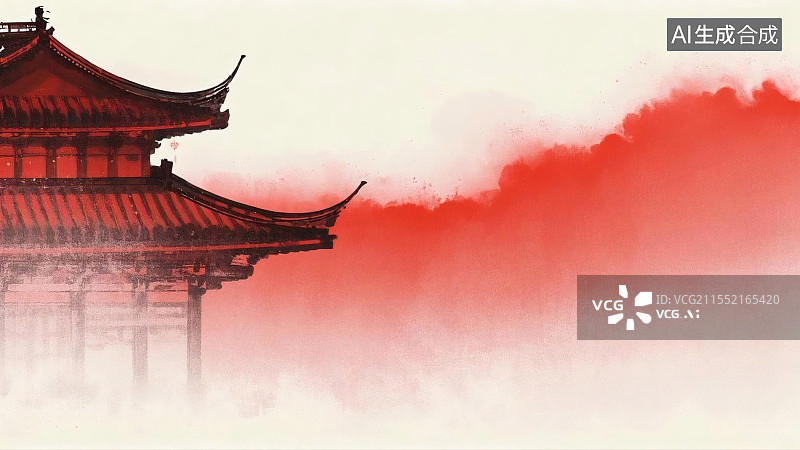 【AI数字艺术】水墨晕染间的中式楼阁，红韵流转，尽显古典雅致之美图片素材
