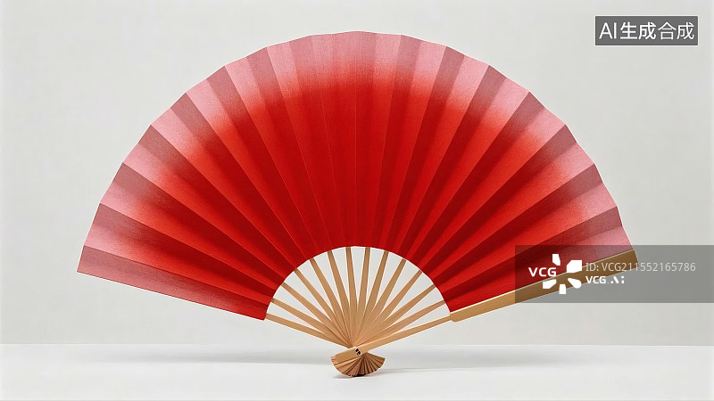 【AI数字艺术】一把红扇面搭配金色扇骨、于白色背景下展开的传统折扇图片素材