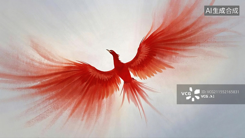 【AI数字艺术】一只羽翼如焰的红鸟于天际振翅翱翔图片素材