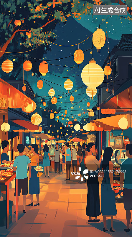 【AI数字艺术】二十四节气系列插画之夏至节气夜晚热闹的城市夜市图片素材