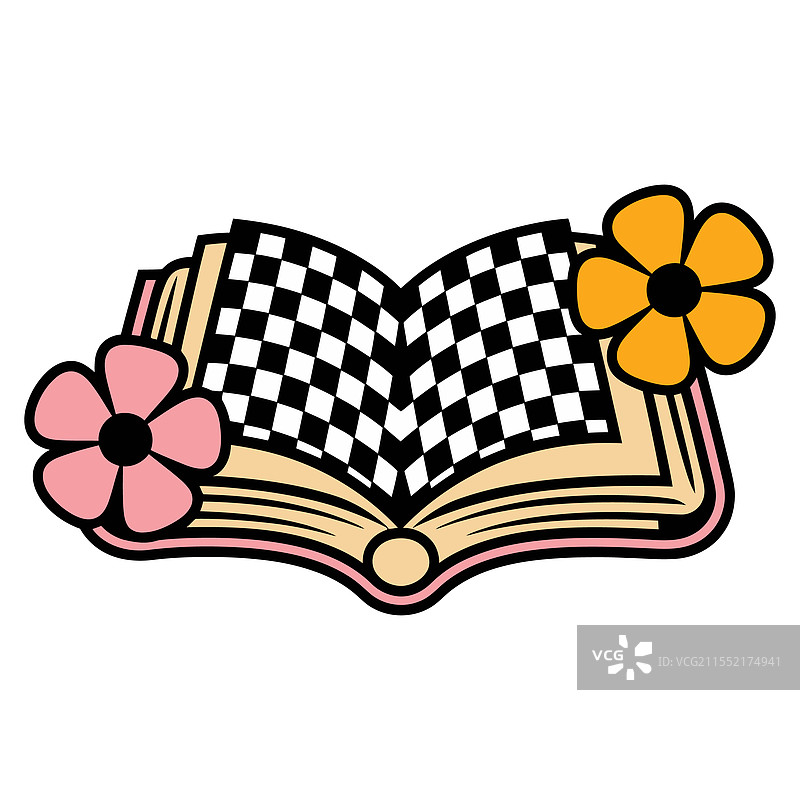 打开一本带有格子页和花卉图案的书图片素材