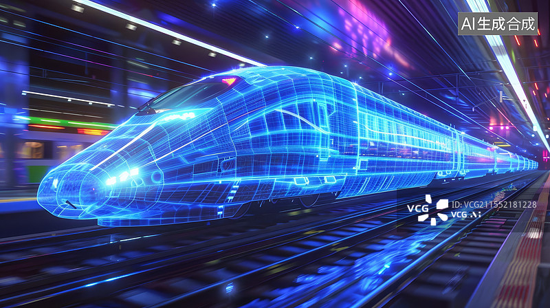 【AI数字艺术】蓝色虚拟发光的高速列车图片素材