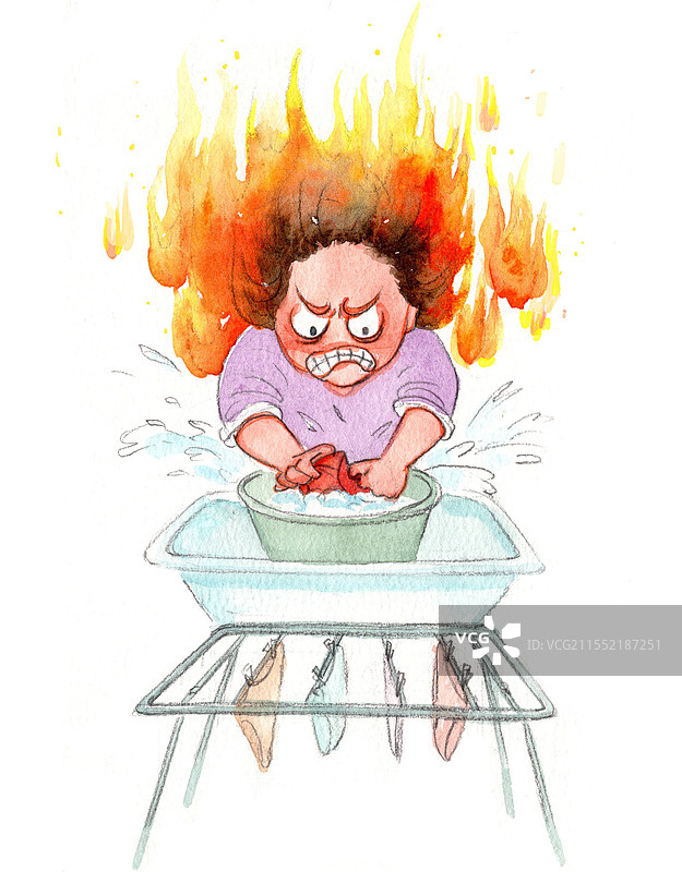 手绘水彩风散步女性插画：洗内裤图片素材